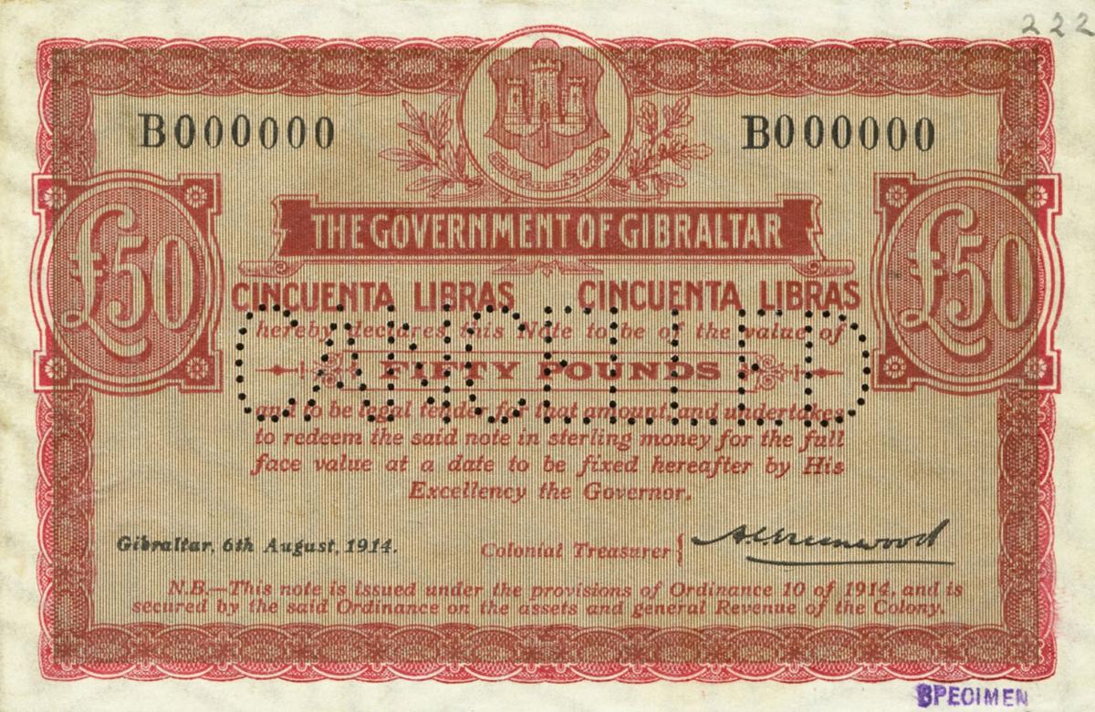 Front of Gibraltar p10s: 50 Pounds from 1914