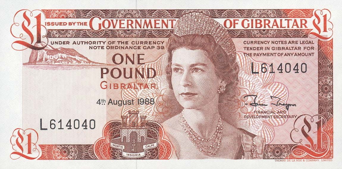 Front of Gibraltar p20e: 1 Pound from 1988