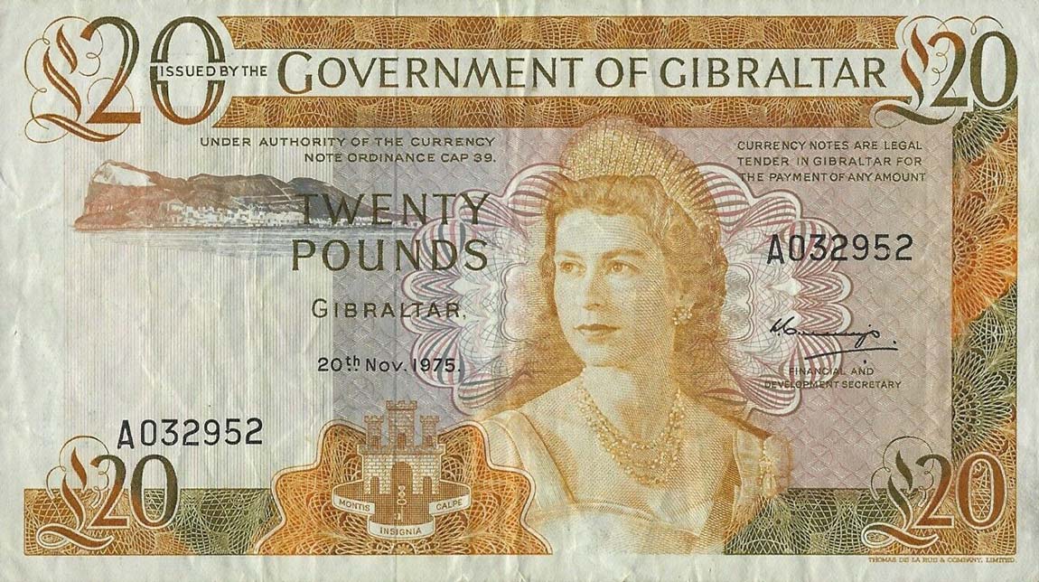 Front of Gibraltar p23a: 20 Pounds from 1975