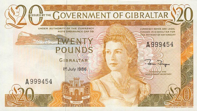 Front of Gibraltar p23c: 20 Pounds from 1986