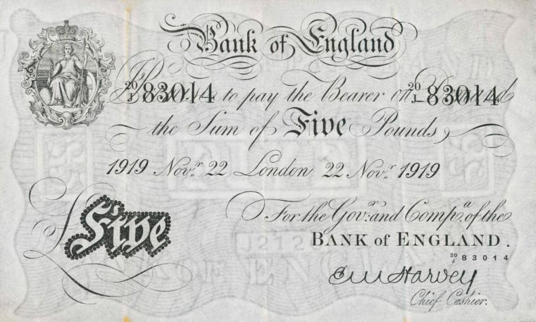 Front of England p312a: 5 Pounds from 1918