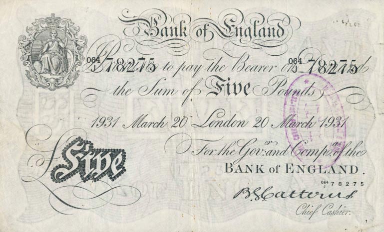 Front of England p328a: 5 Pounds from 1929