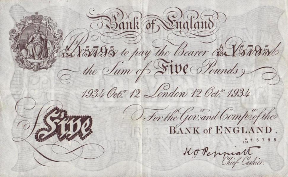 Front of England p335a: 5 Pounds from 1934