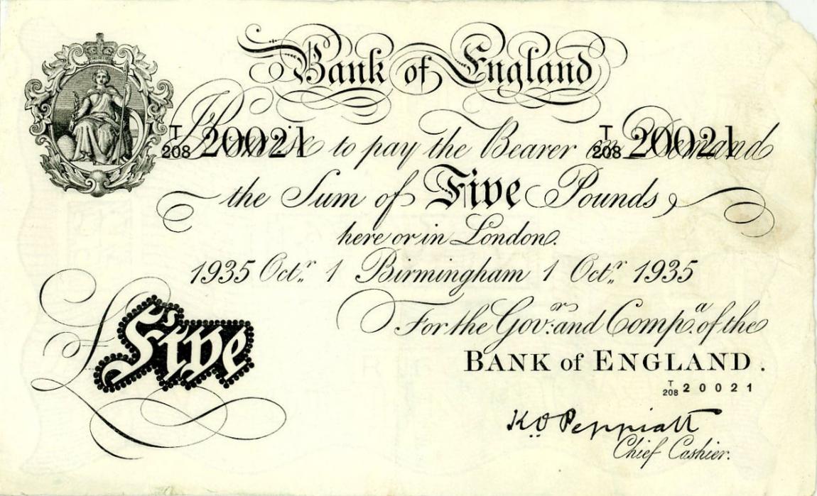 Front of England p335e: 5 Pounds from 1934