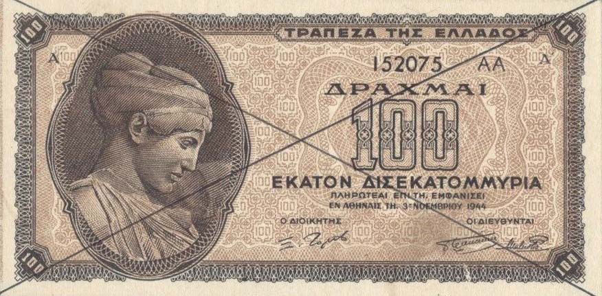 Front of Greece p135s: 100000000000000 Drachmaes from 1944