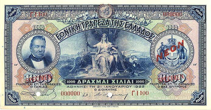 Front of Greece p69s: 1000 Drachmaes from 1921