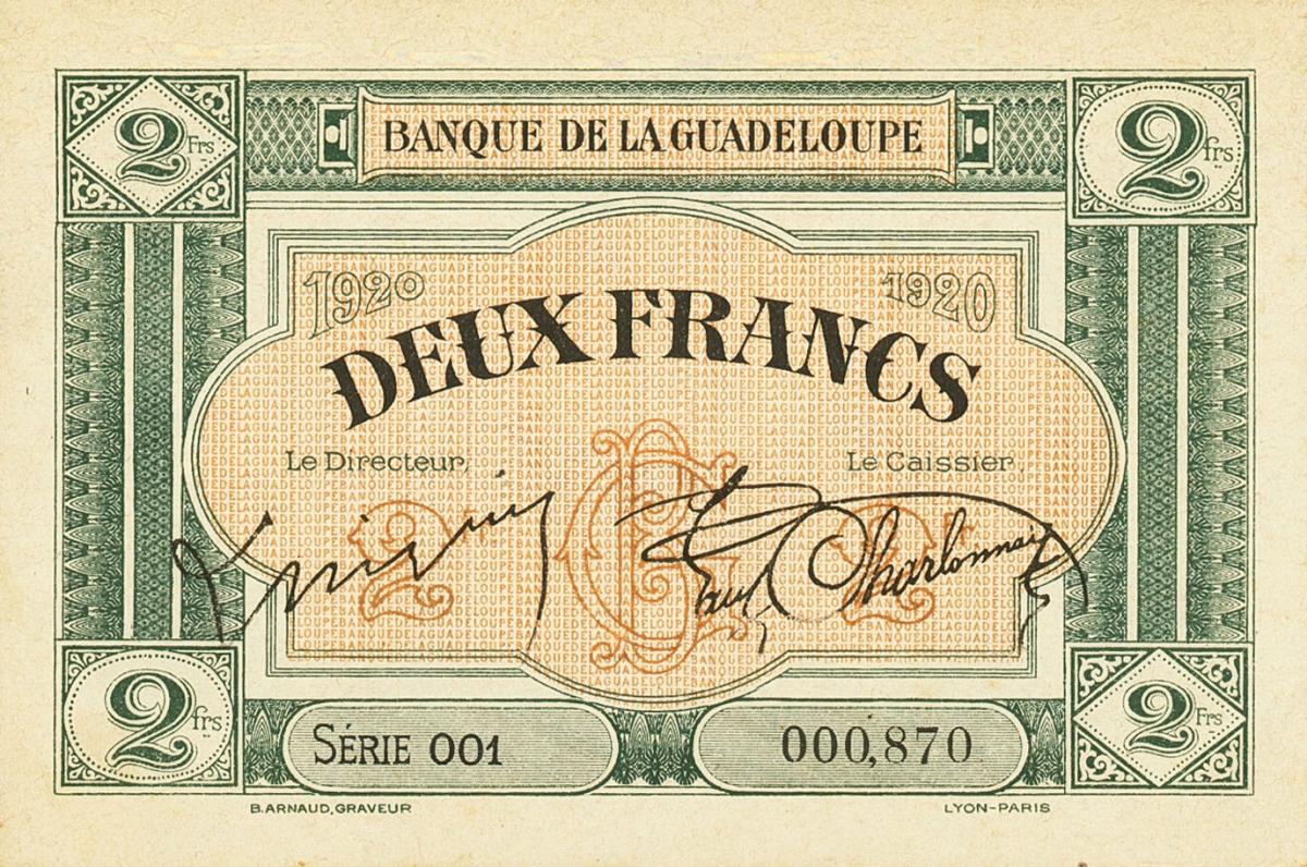 Front of Guadeloupe p13: 2 Francs from 1920