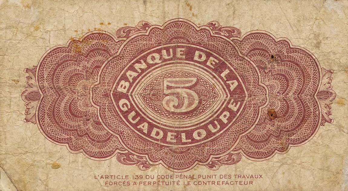 Back of Guadeloupe p21a: 5 Francs from 1942