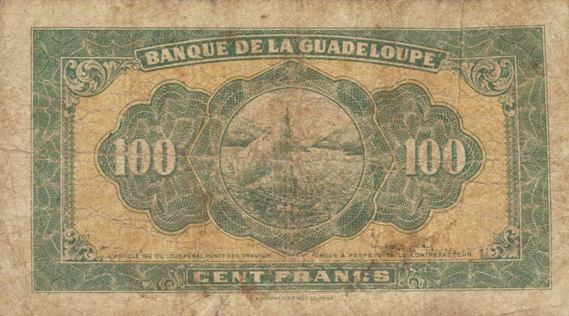 Back of Guadeloupe p23a: 100 Francs from 1942