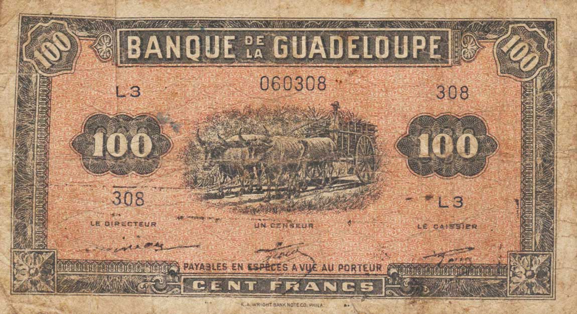 Front of Guadeloupe p23a: 100 Francs from 1942
