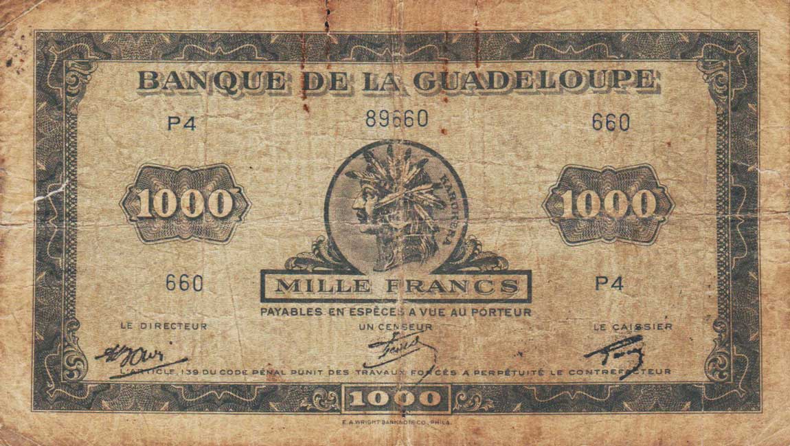 Front of Guadeloupe p26Aa: 1000 Francs from 1942