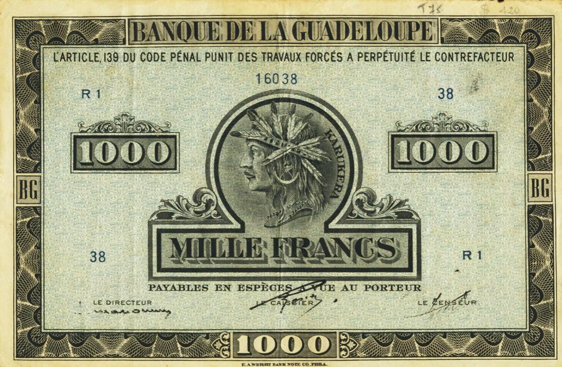 Front of Guadeloupe p26a: 1000 Francs from 1942