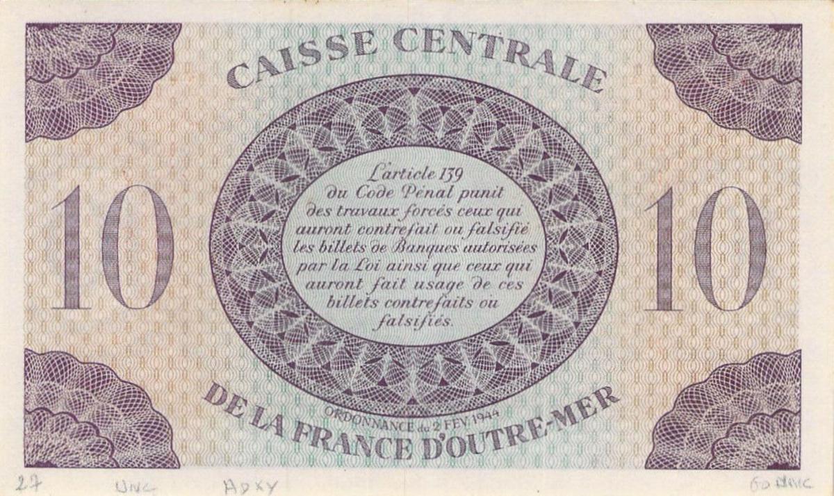 Back of Guadeloupe p27a: 10 Francs from 1944