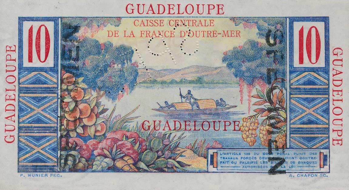 Back of Guadeloupe p32s: 10 Francs from 1947