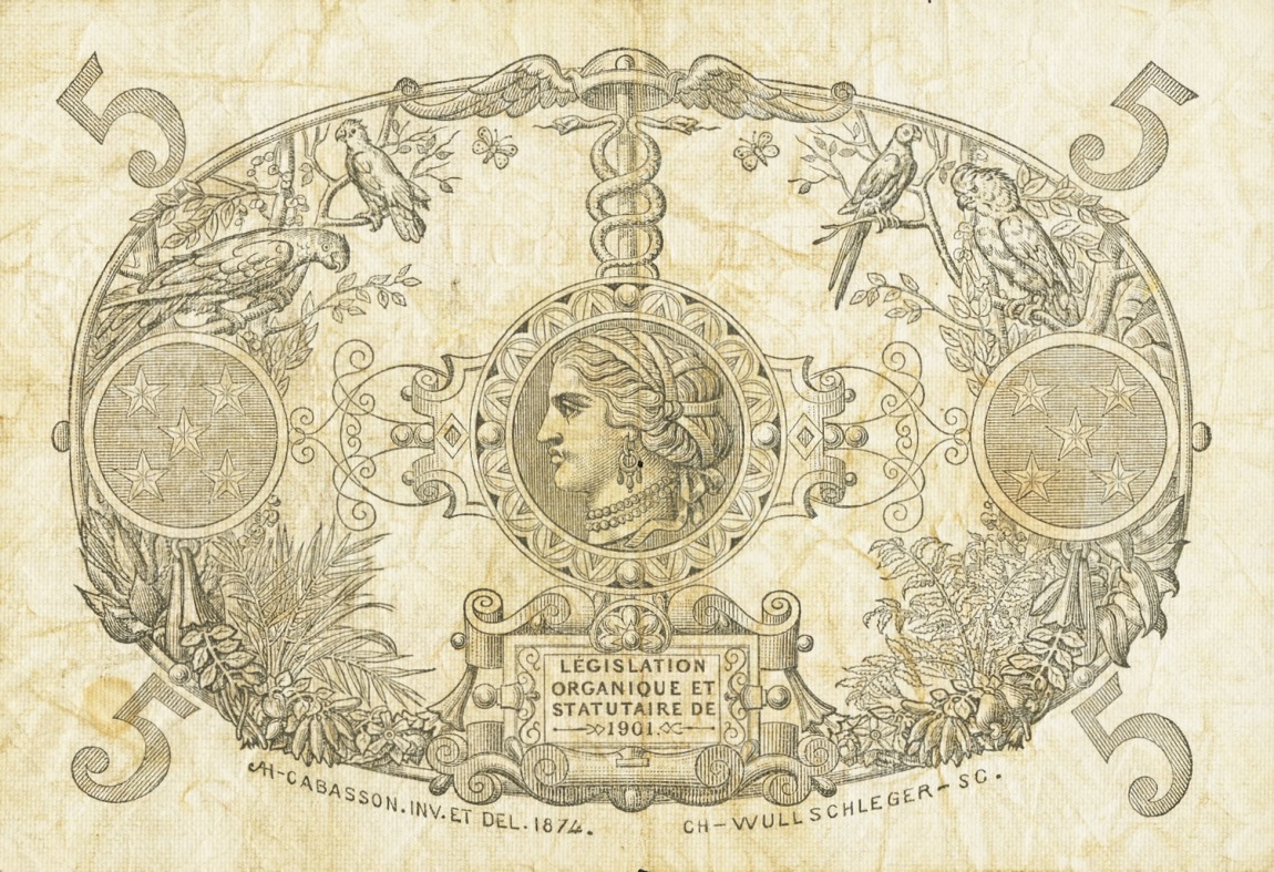Back of Guadeloupe p7b: 5 Francs from 1928