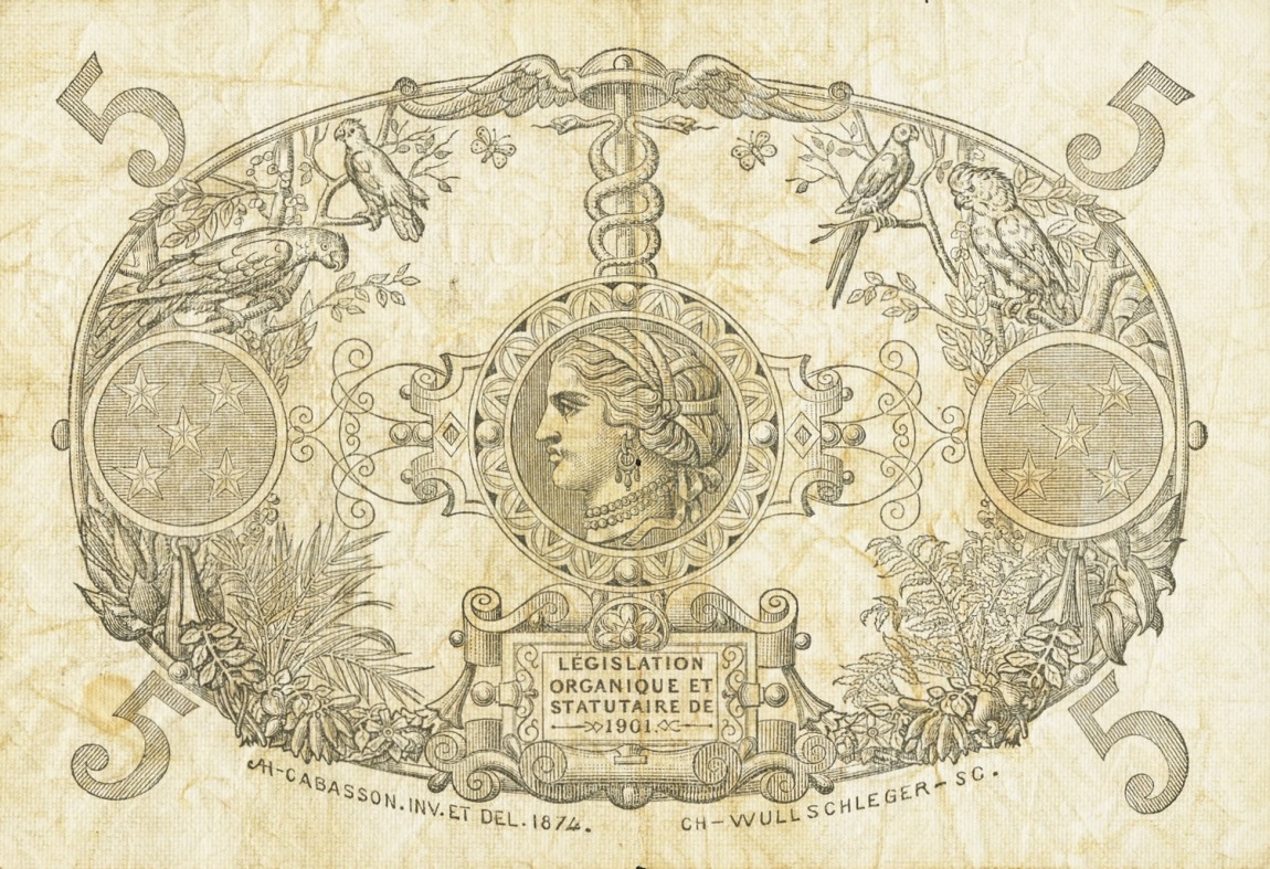 Back of Guadeloupe p7b: 5 Francs from 1928