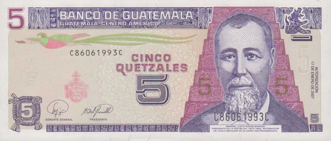 Front of Guatemala p106c: 5 Quetzales from 2007