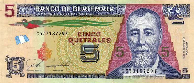 Front of Guatemala p122Ab: 5 Quetzales from 2018