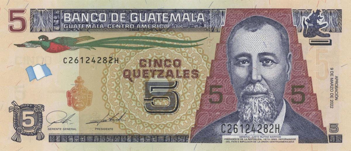 Front of Guatemala p122Af: 5 Quetzales from 2022