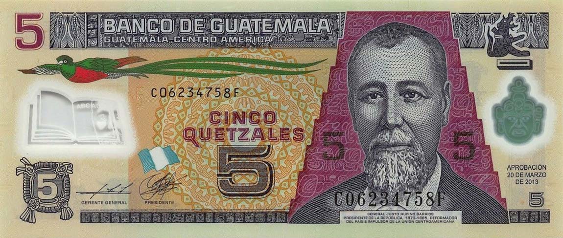 Front of Guatemala p122d: 5 Quetzales from 2013