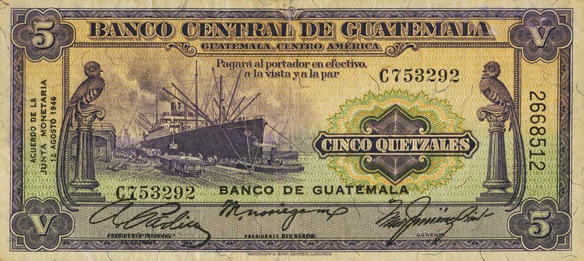 Front of Guatemala p21: 5 Quetzales from 1946