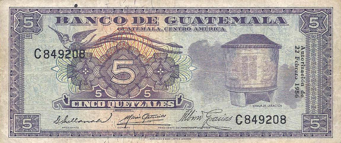 Front of Guatemala p31: 5 Quetzales from 1955