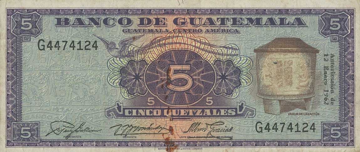 Front of Guatemala p45d: 5 Quetzales from 1962