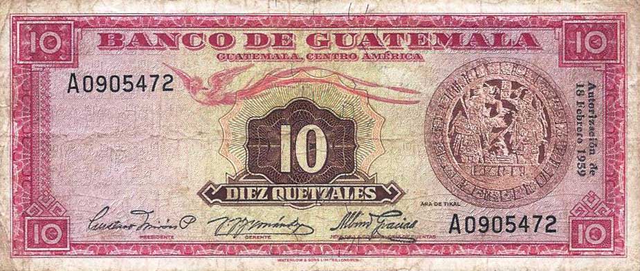 Front of Guatemala p46a: 10 Quetzales from 1959