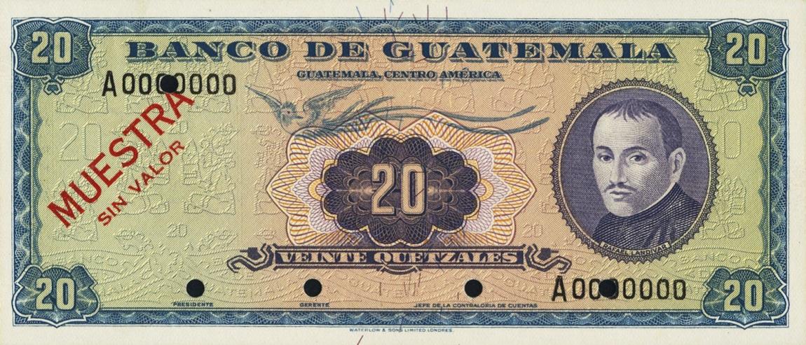 Front of Guatemala p48s: 20 Quetzales from 1960