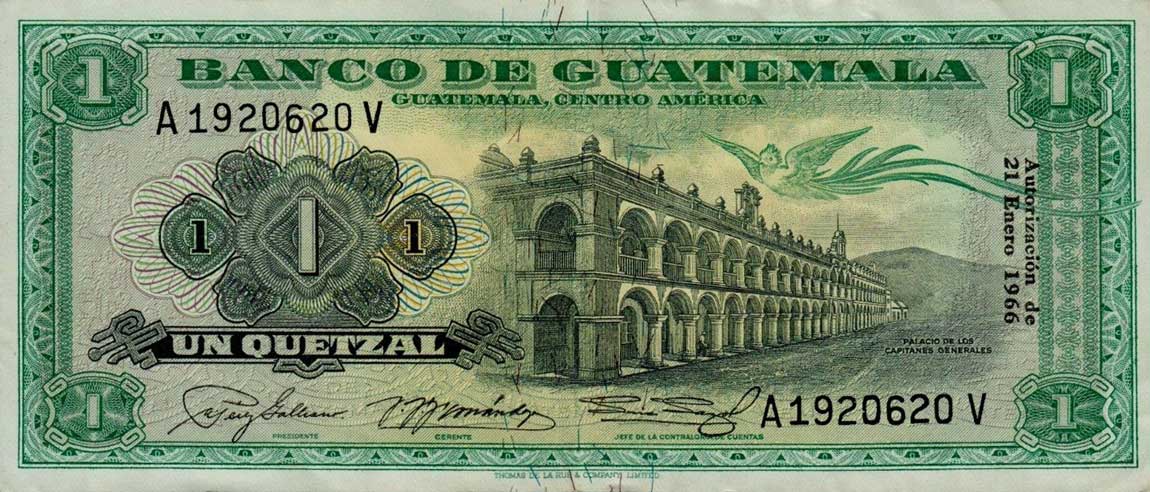 Front of Guatemala p52c: 1 Quetzal from 1966