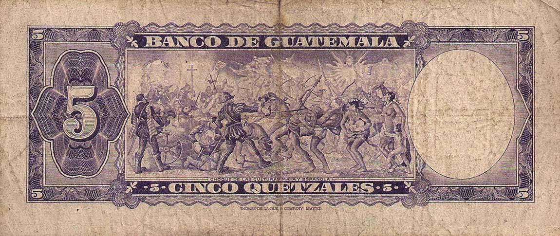 Back of Guatemala p53b: 5 Quetzales from 1965