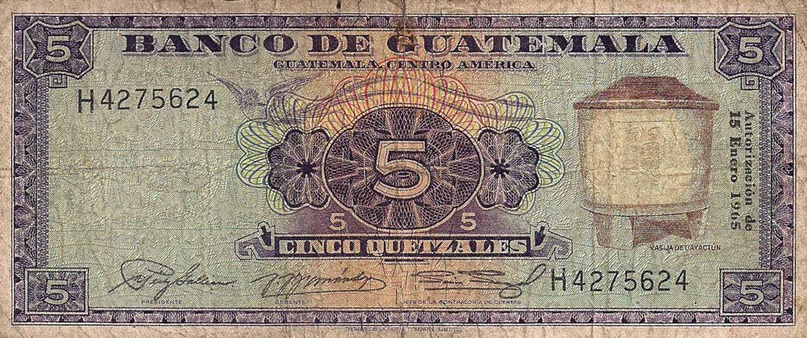 Front of Guatemala p53b: 5 Quetzales from 1965