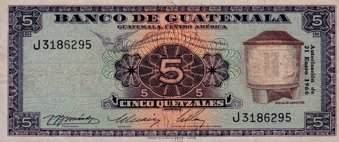 Front of Guatemala p53c: 5 Quetzales from 1966