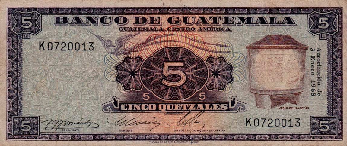 Front of Guatemala p53e: 5 Quetzales from 1968