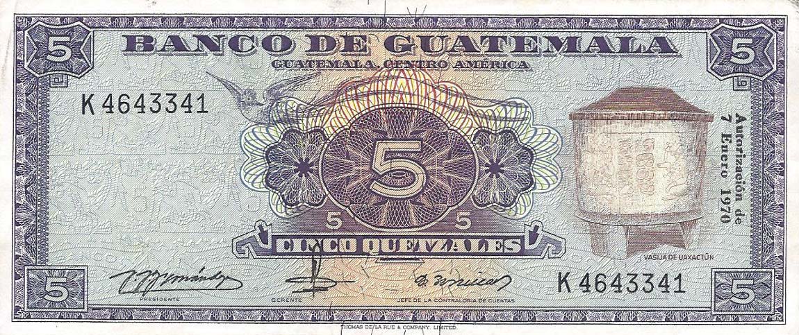 Front of Guatemala p53g: 5 Quetzales from 1970