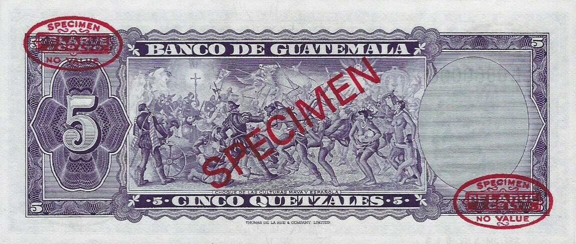 Back of Guatemala p53s: 5 Quetzales from 1964