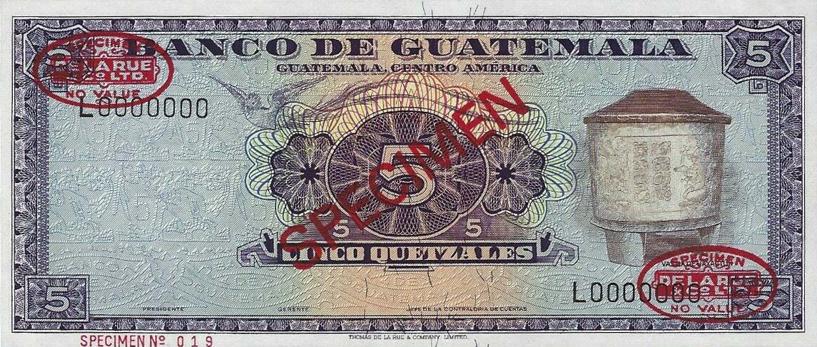 Front of Guatemala p53s: 5 Quetzales from 1964