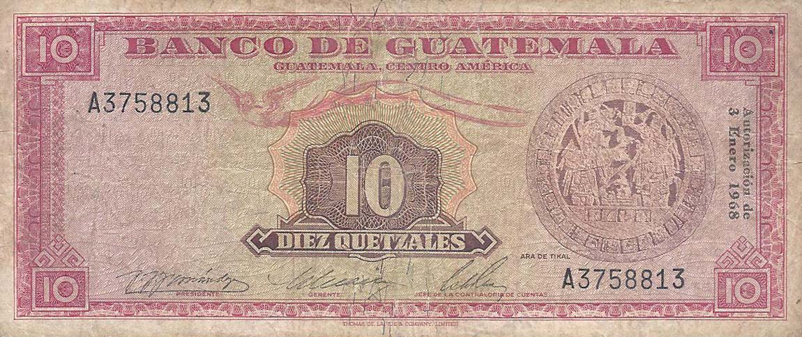 Front of Guatemala p54d: 10 Quetzales from 1968