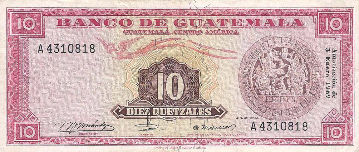 Front of Guatemala p54e: 10 Quetzales from 1969