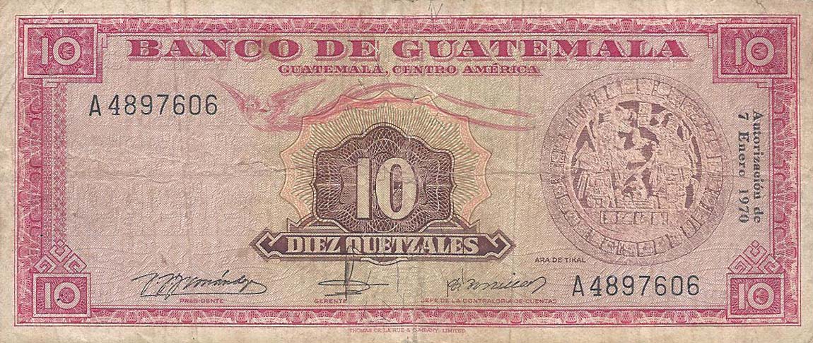Front of Guatemala p54f: 10 Quetzales from 1970