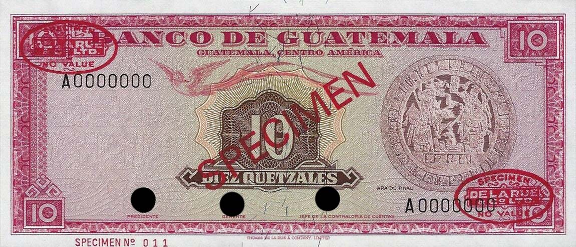 Front of Guatemala p54s: 10 Quetzales from 1965