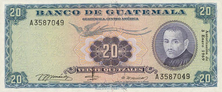 Front of Guatemala p55a: 20 Quetzales from 1965