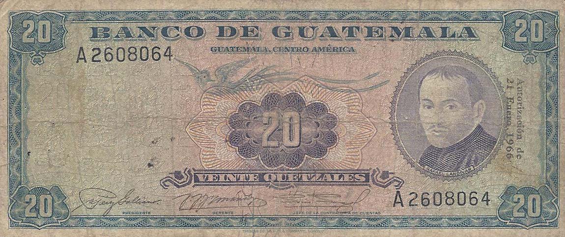 Front of Guatemala p55b: 20 Quetzales from 1966