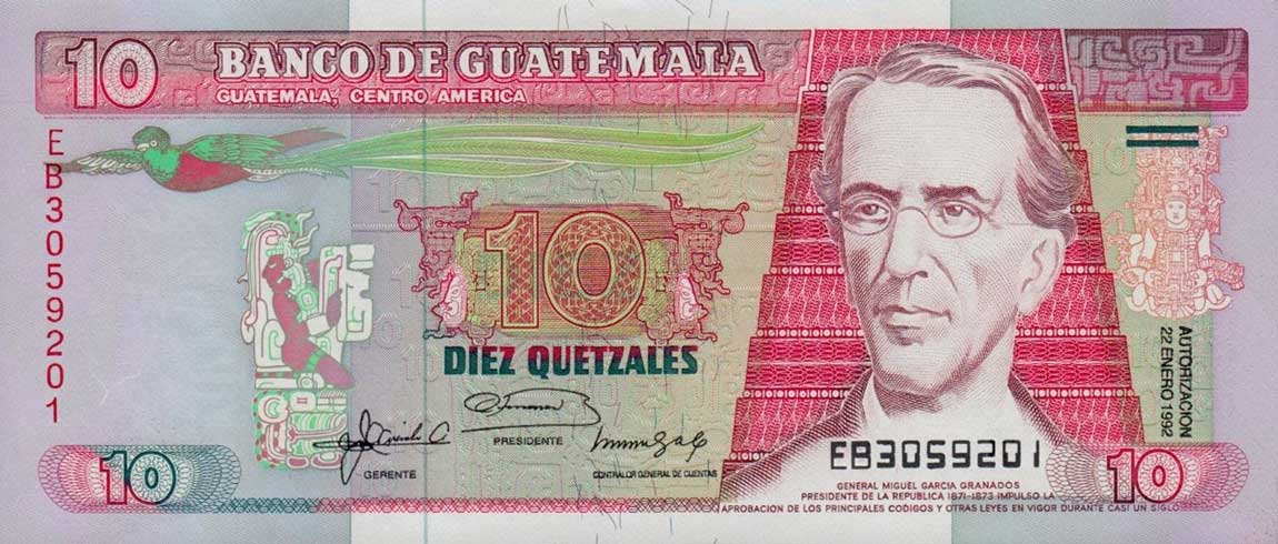 Front of Guatemala p75c: 10 Quetzales from 1992