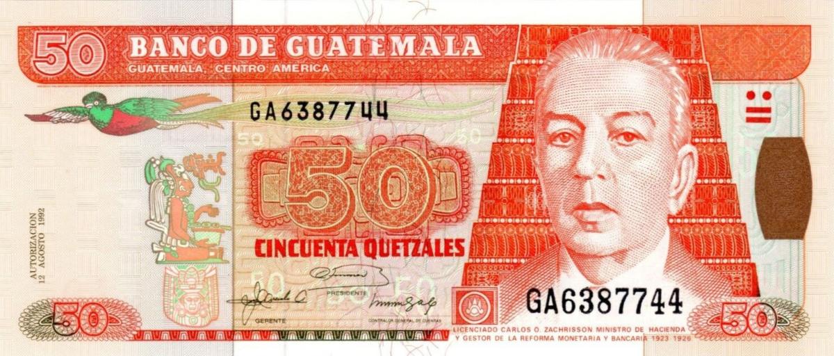Front of Guatemala p77c: 50 Quetzales from 1992