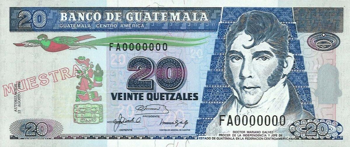 Front of Guatemala p83s: 20 Quetzales from 1992