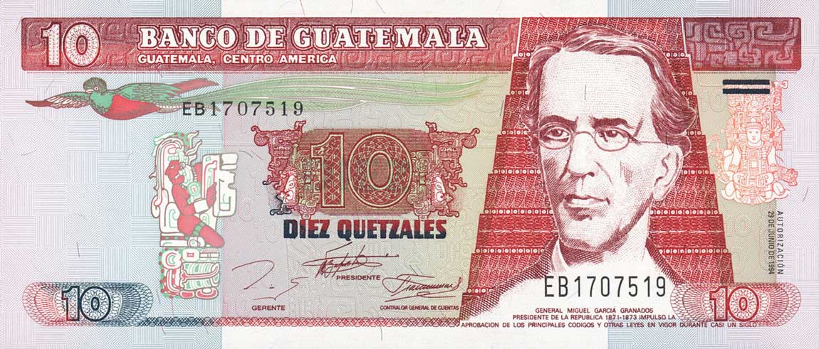 Front of Guatemala p91: 10 Quetzales from 1994