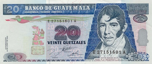 Front of Guatemala p95b: 20 Quetzales from 1995