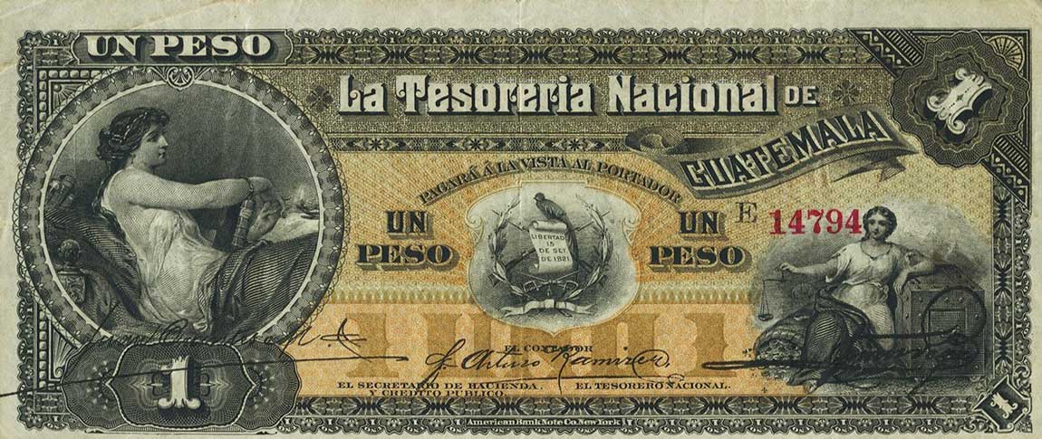 Front of Guatemala pA4a: 1 Peso from 1882