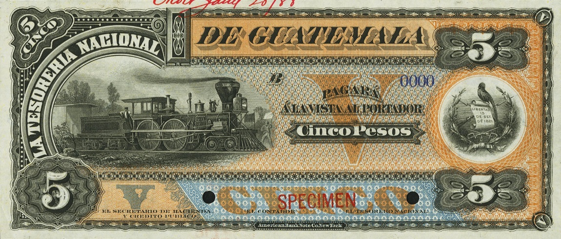 Front of Guatemala pA5s: 5 Pesos from 1882